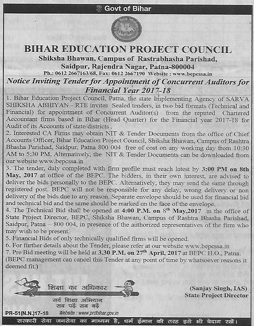 Appointment Of Concurrent Auditors FY 2017-18 - Bihar Education Project Council - Patna